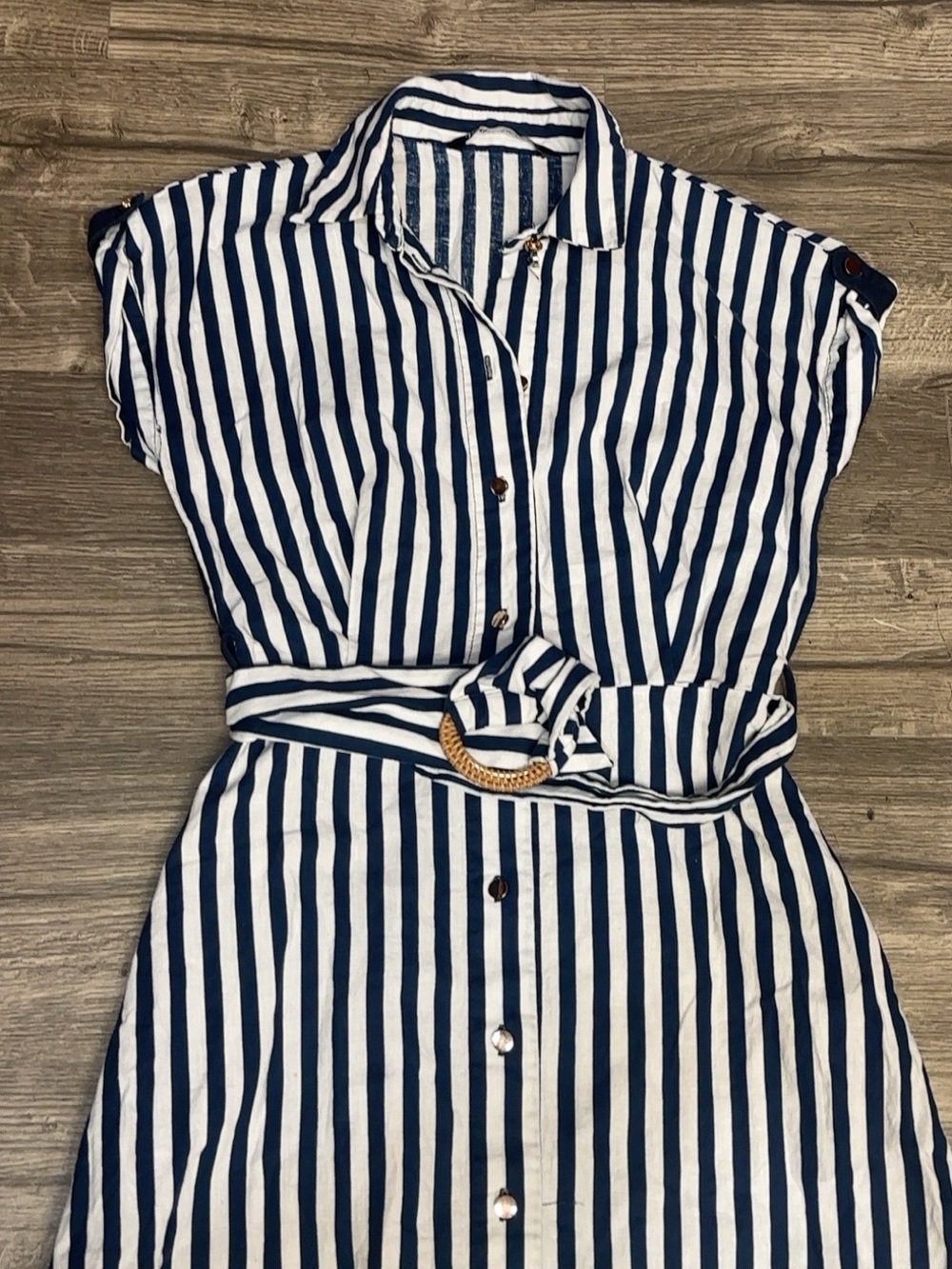 ZARA XS Navy White Striped Belted Shirt Dress Side Slits Round Buckle - Picture 4 of 9